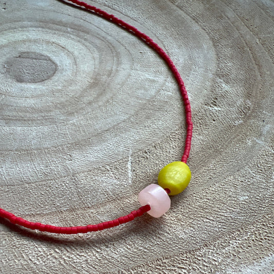 Modern Fable, Beaded Necklace, Red, Pink and Chartreuse #104