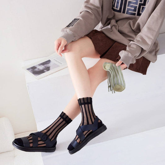 Rufia, Sheer Stripe Panel Crew Socks, Black
