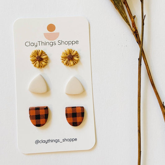 Fall Studs, Plaid, Sunflower and Cream Triangles
