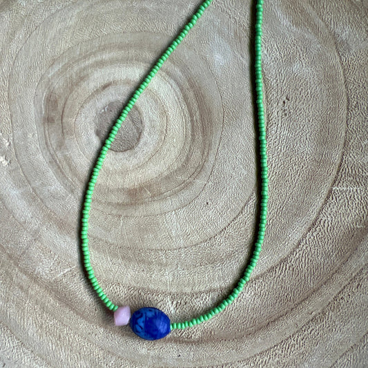 Modern Fable, Beaded Necklace, Green, Pink and Indigo #107