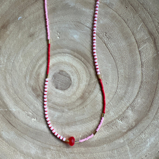 Modern Fable, Beaded Necklace, Pink and Red, with Small Red Bead #105