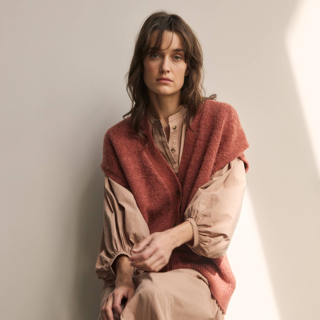 Alpaca Wool Blend Button-Down Sweater Vest, Brick