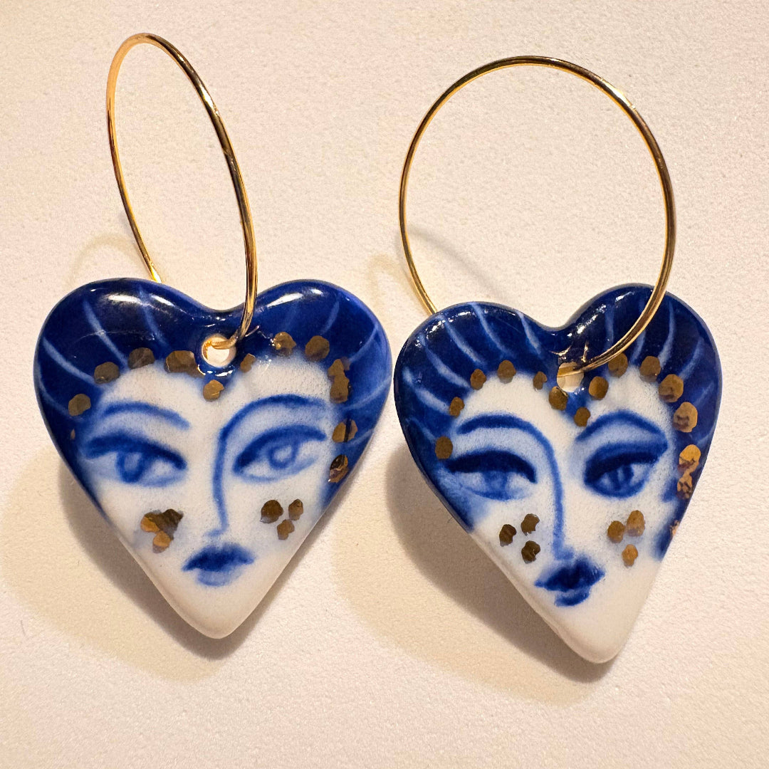 BitaJewells, Celestial Glance, Hand-Painted Porcelain Heart Earrings
