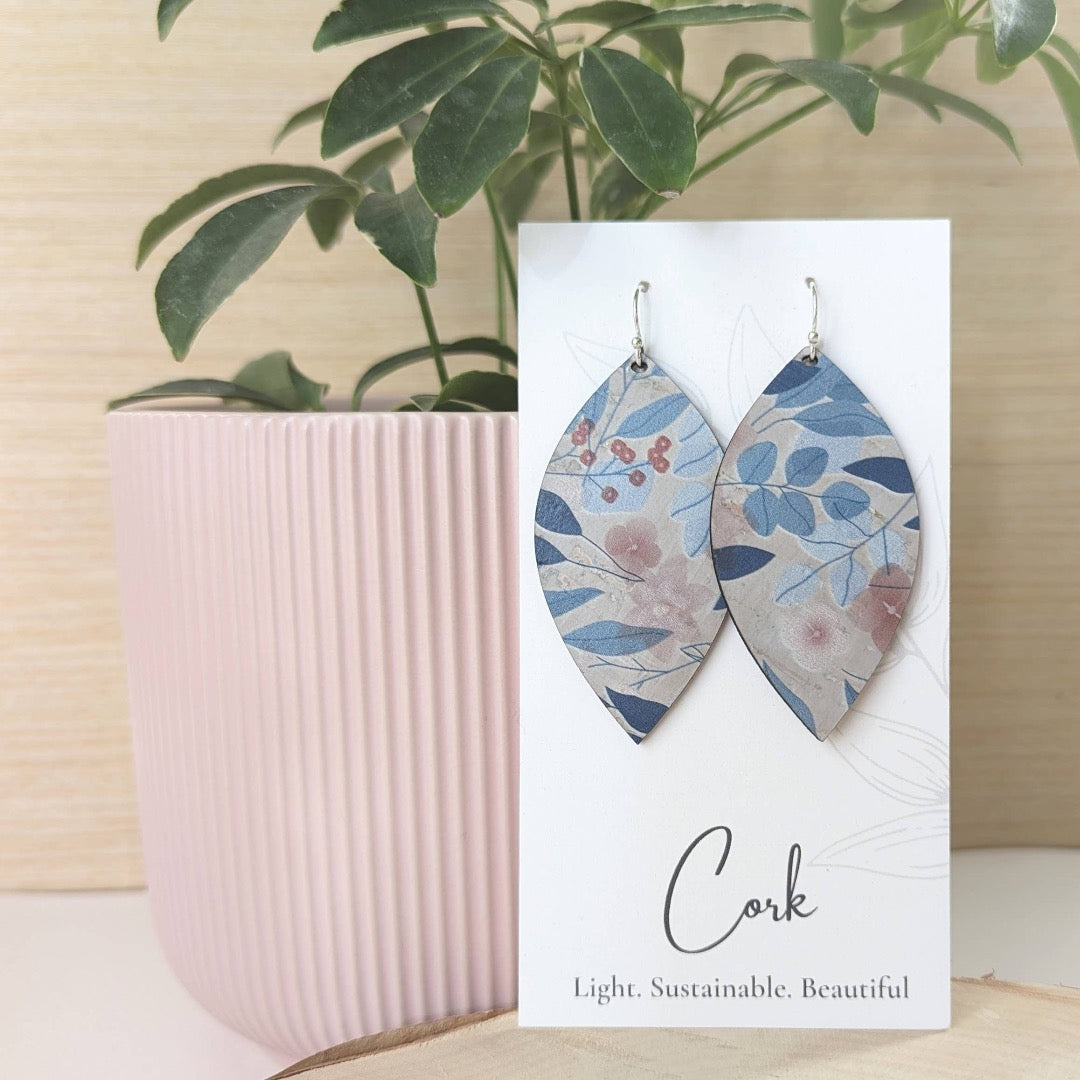 Blue Fall Leaves Cork Earrings, Leaf