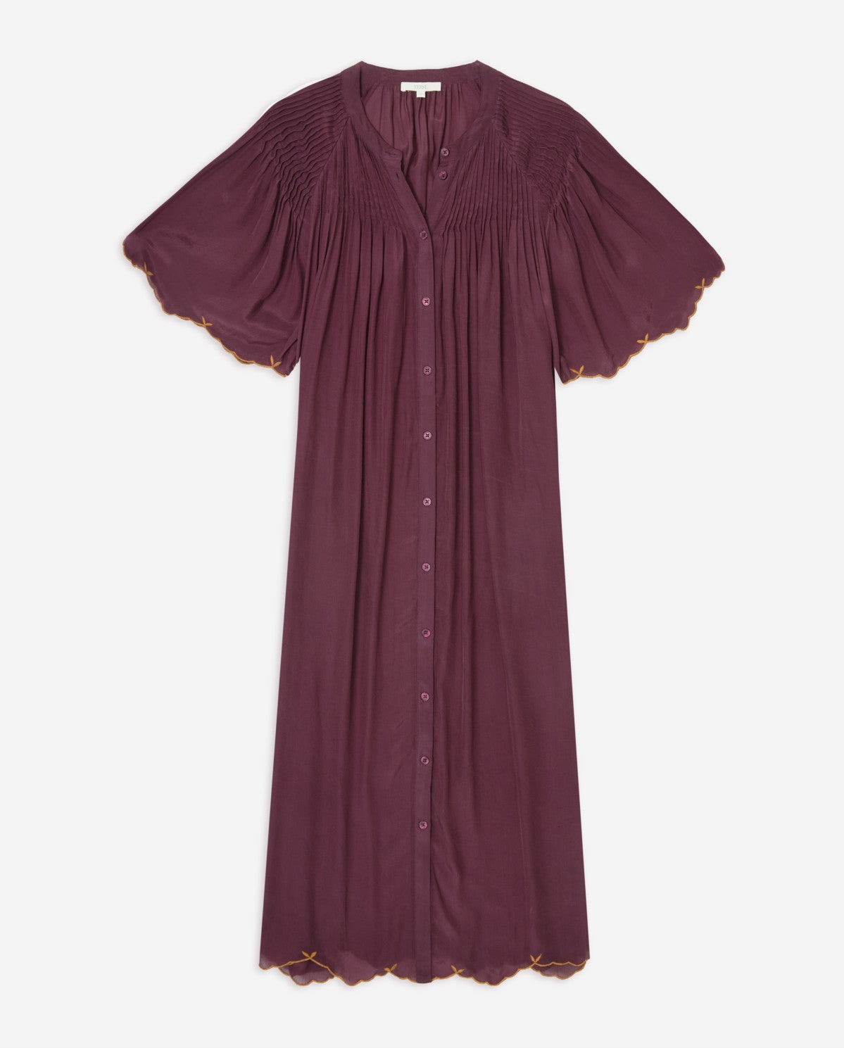 Yerse, Romantic Mao Collar Dress with Embroidery, Aubergine