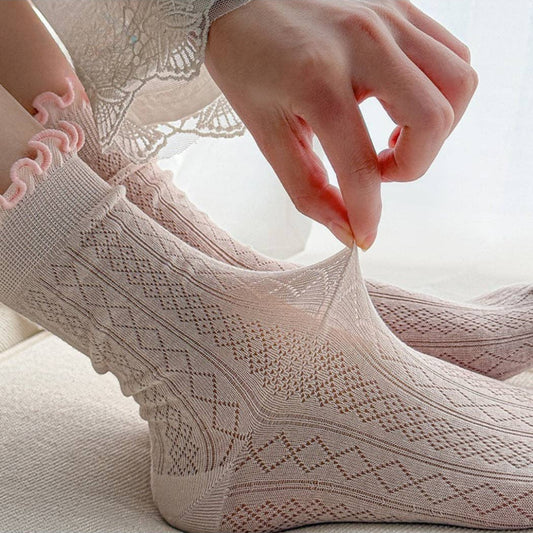 Rufia, Romantic Lace Texture Sheer Crew Socks, Pink