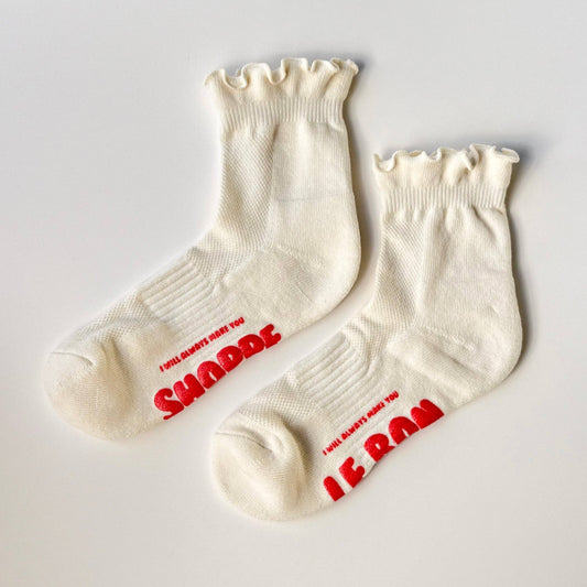 Le Bon Shoppe, Ruffled Hugger Crew Socks, Vanilla/Red