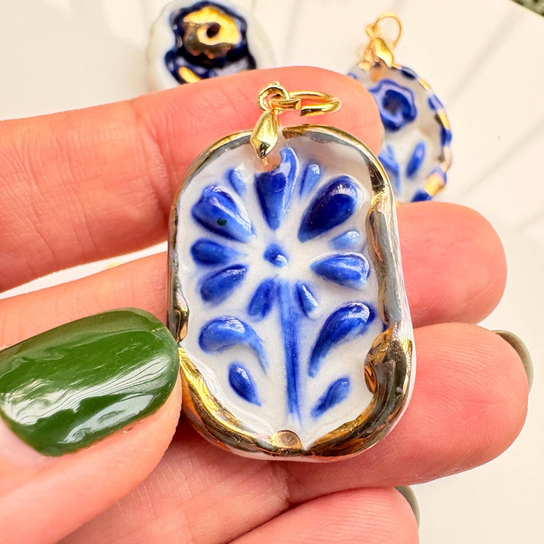 BitaJewells, Handmade Porcelain Floral Pendant in Blue and Gold