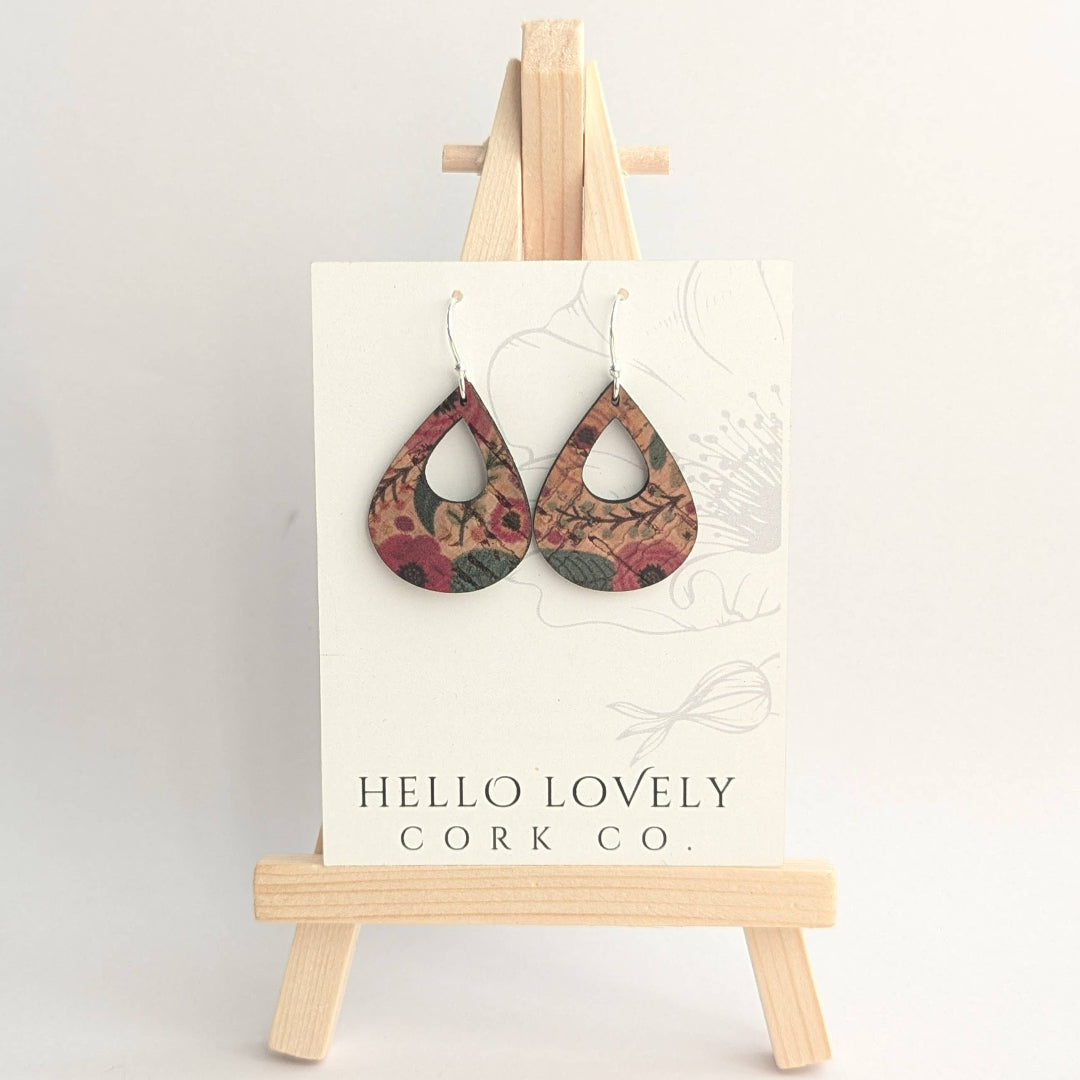 Hello Lovely Cork Co., Green and Pink Floral Cork Earrings, Small Teardrop