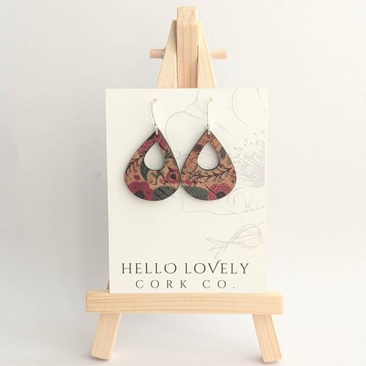 Hello Lovely Cork Co., Green and Pink Floral Cork Earrings, Small Teardrop