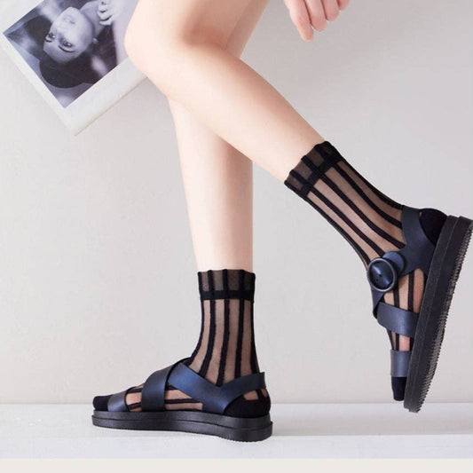 Rufia, Sheer Stripe Panel Crew Socks, Black