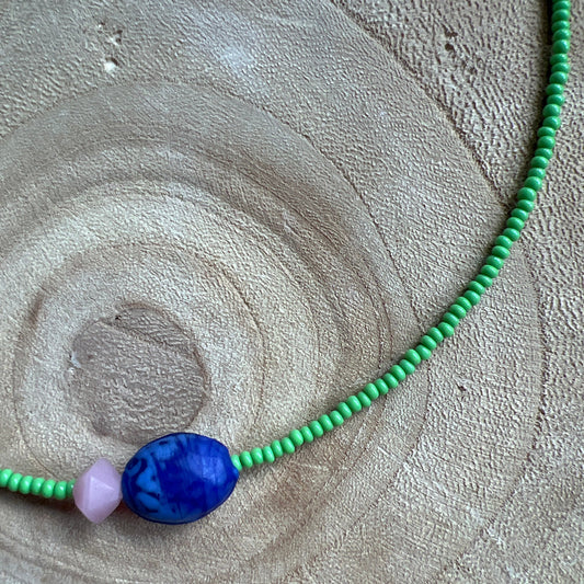 Modern Fable, Beaded Necklace, Green, Pink and Indigo #107