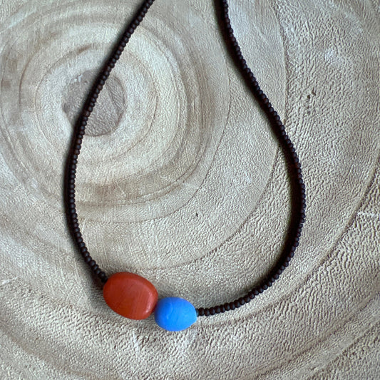 Modern Fable, Beaded Necklace, Brown, Blue and Orangey-Red #102