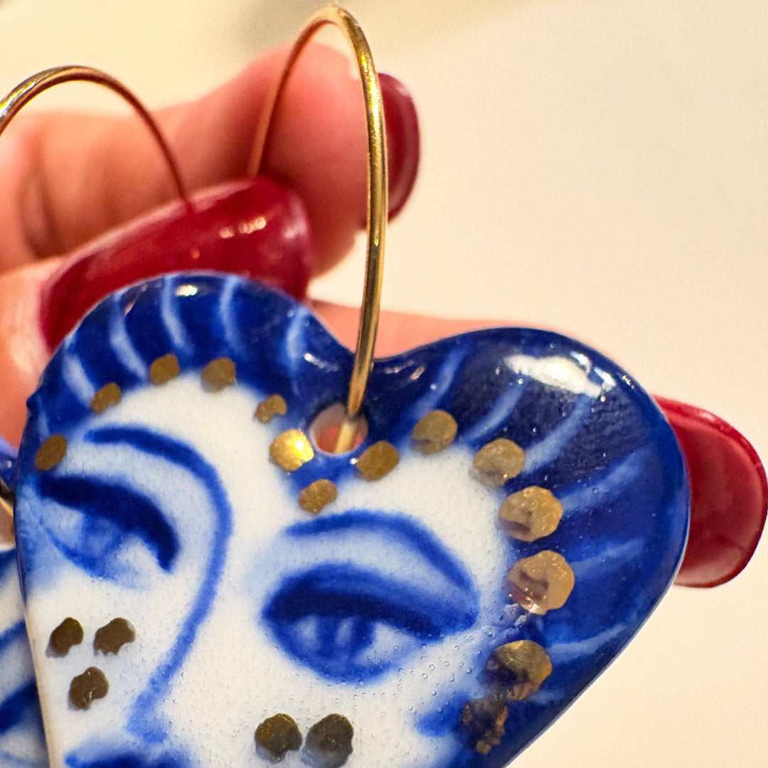 BitaJewells, Celestial Glance, Hand-Painted Porcelain Heart Earrings