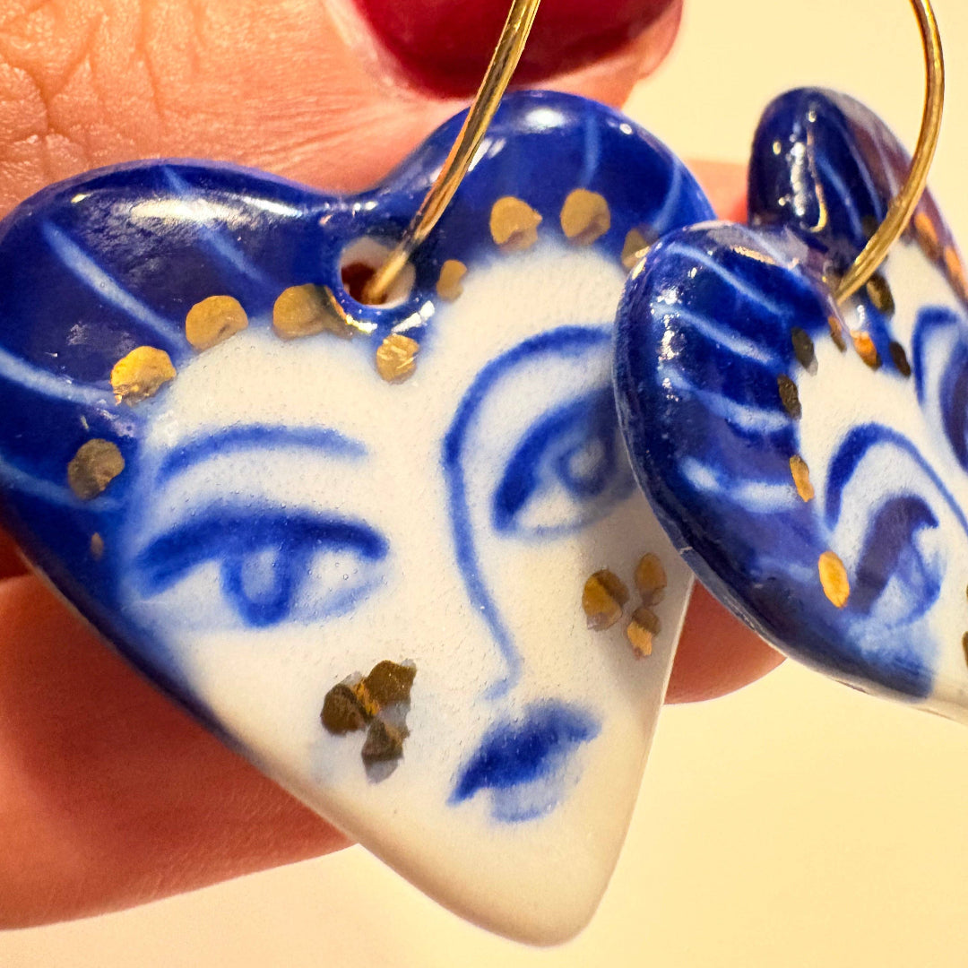 BitaJewells, Celestial Glance, Hand-Painted Porcelain Heart Earrings