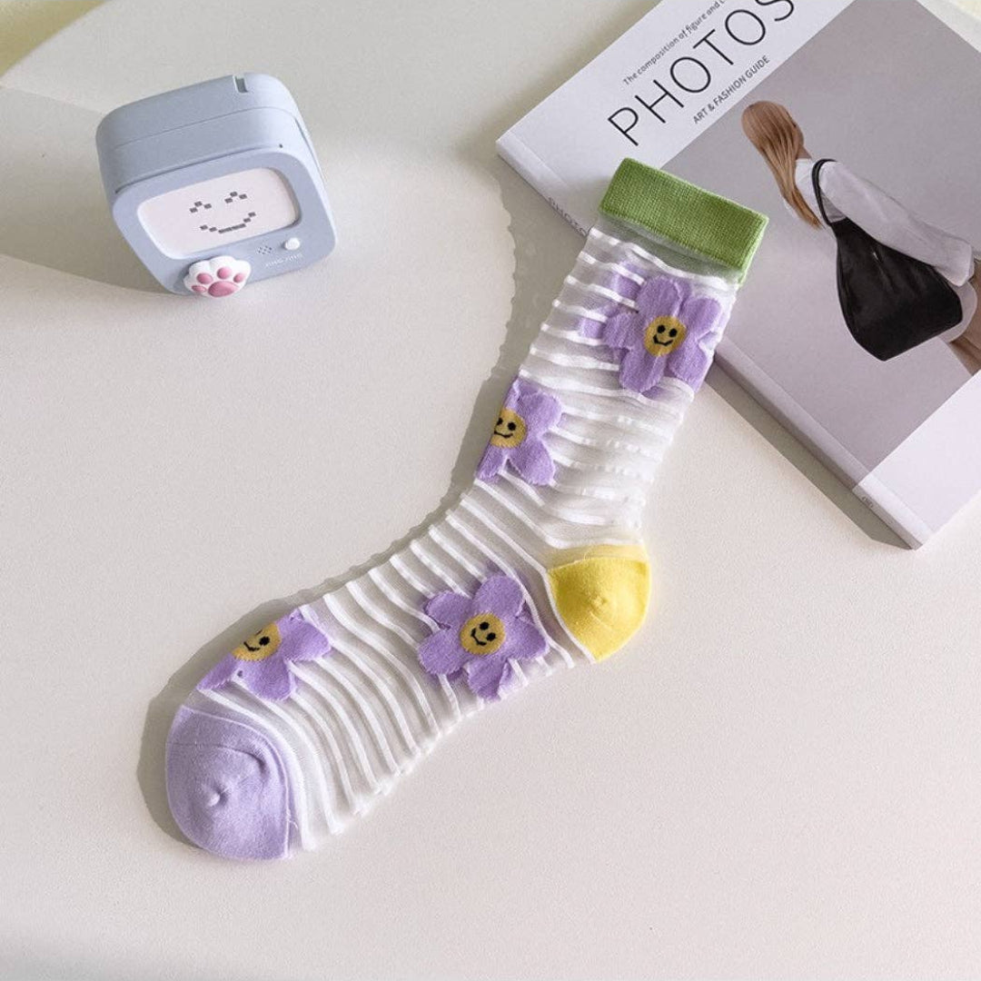 Rufia, Playful Print Sheer Mesh Socks, Purple