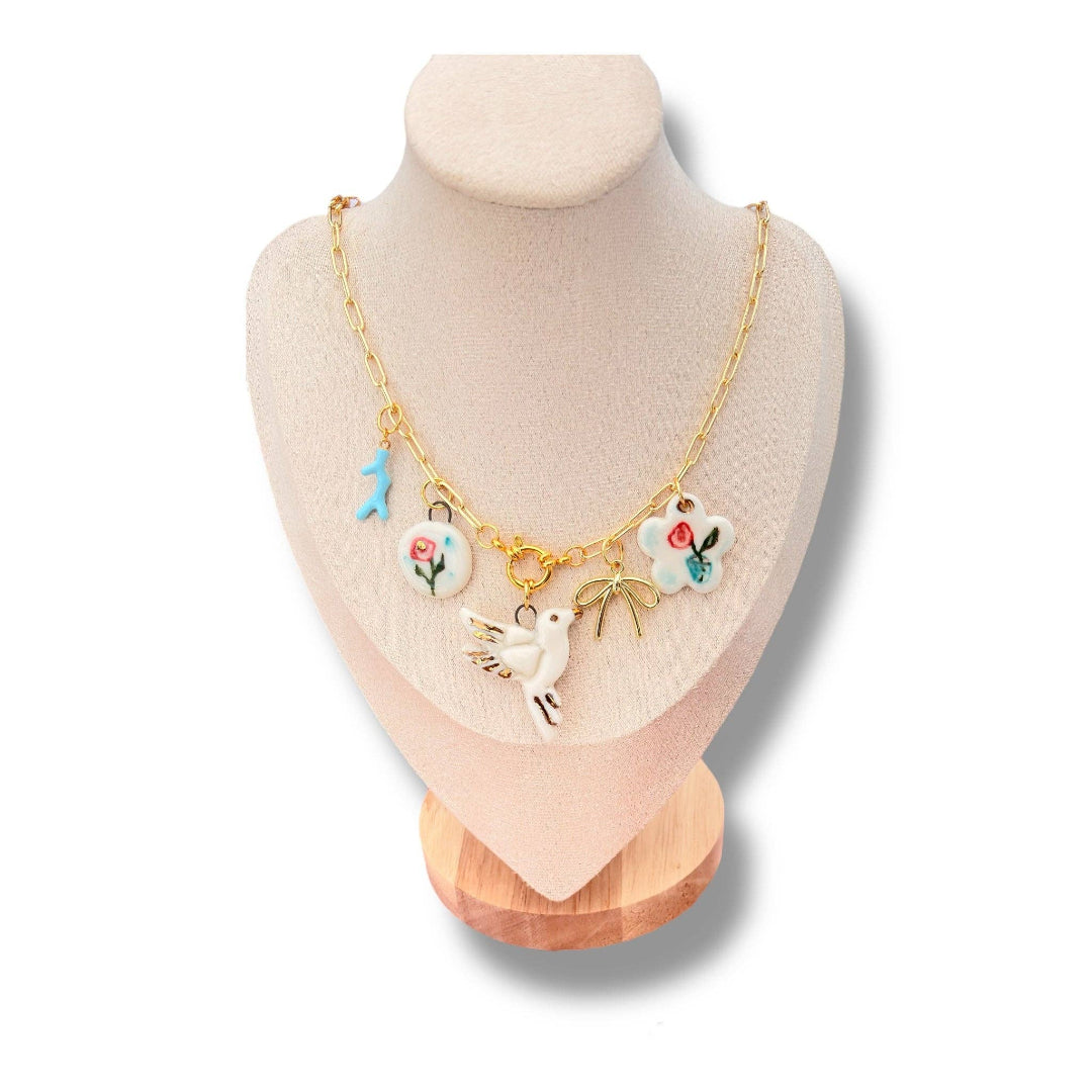 BitaJewells, Porcelain Dove & Rose Charm Necklace, Hand-Painted Ceramic on Gold Chain