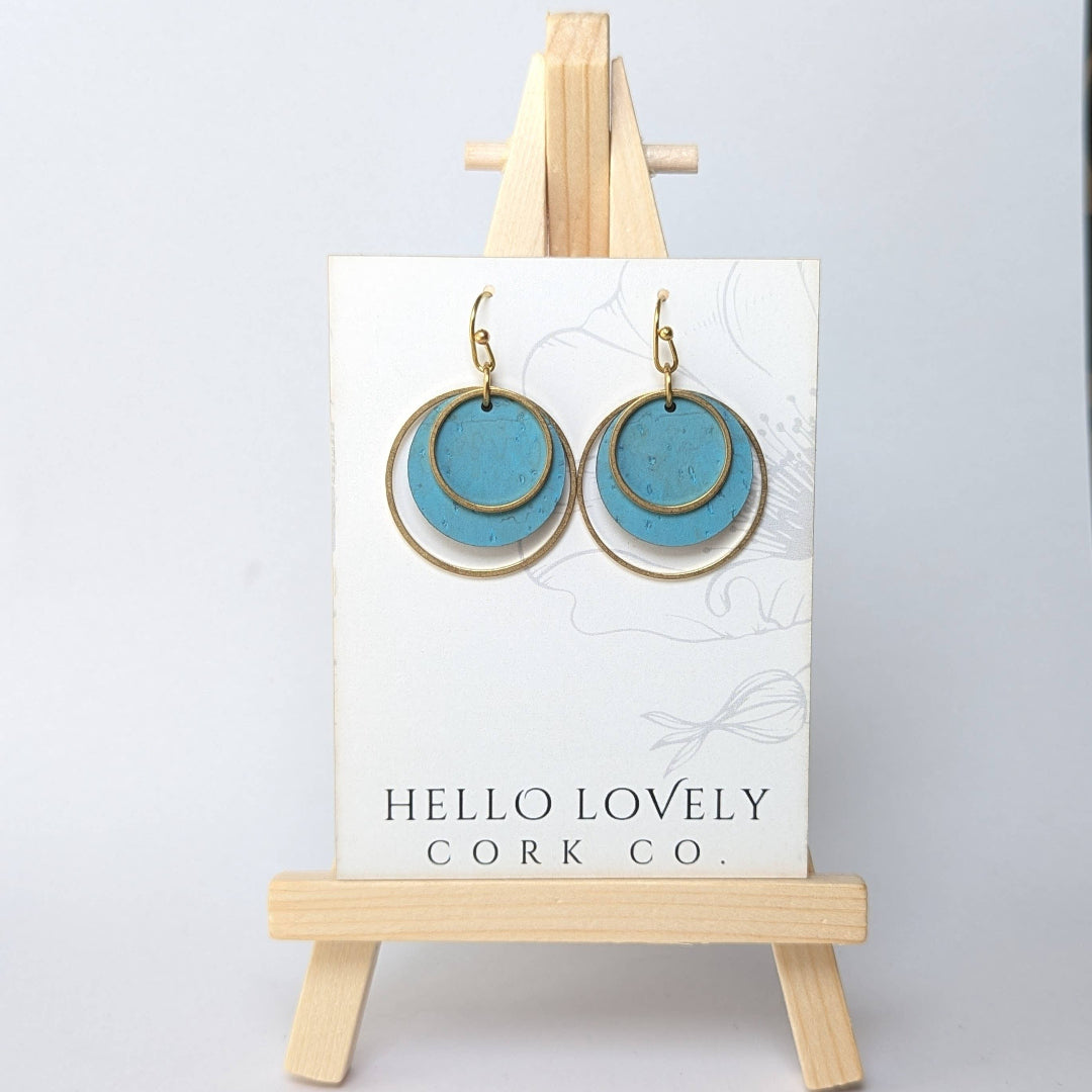 Hello Lovely Cork Co., Circle Cork and Brass Earrings, Bright Teal