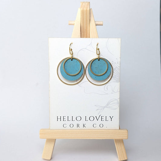Hello Lovely Cork Co., Circle Cork and Brass Earrings, Bright Teal