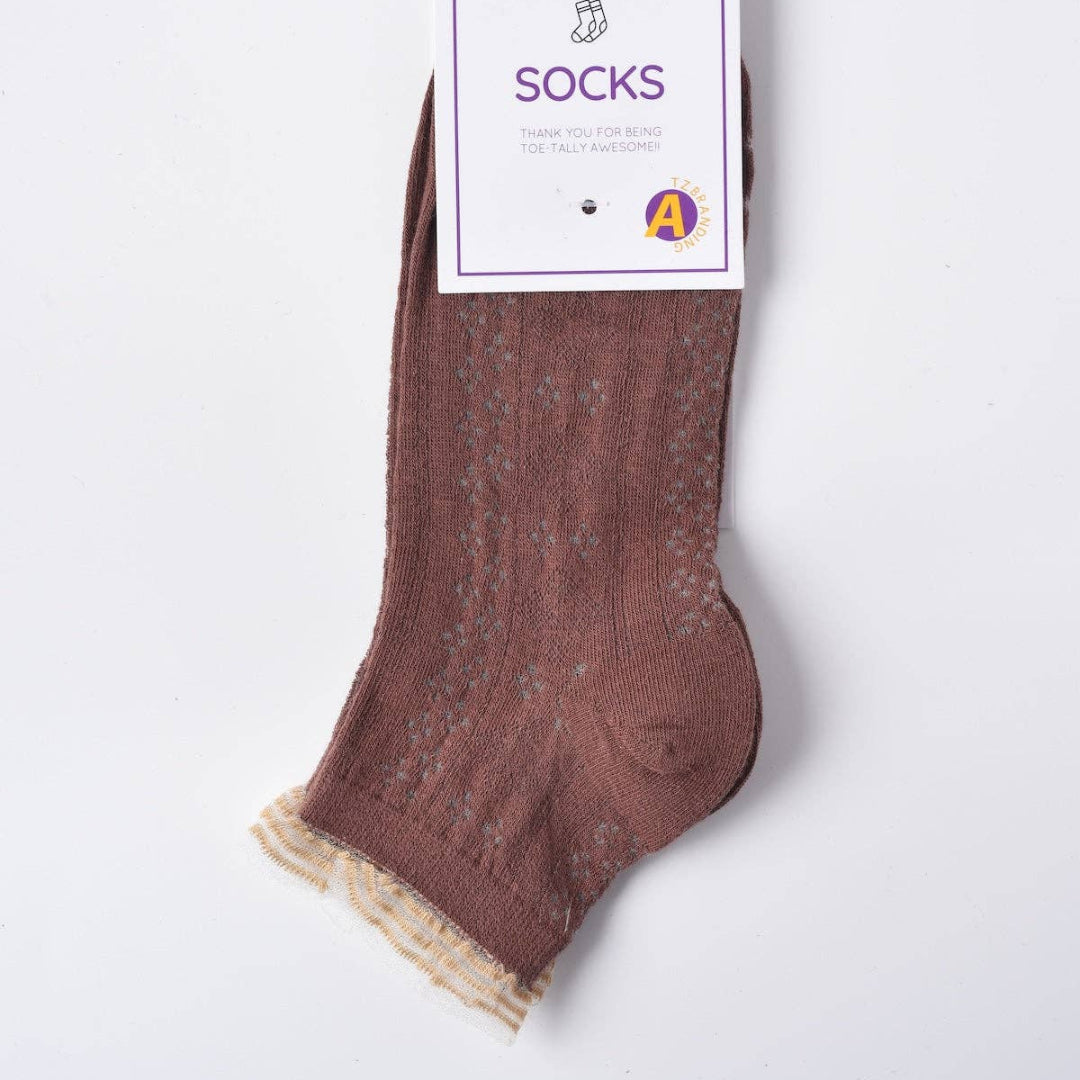 Rufia, Lace Trim Mesh Ankle Socks, Brown