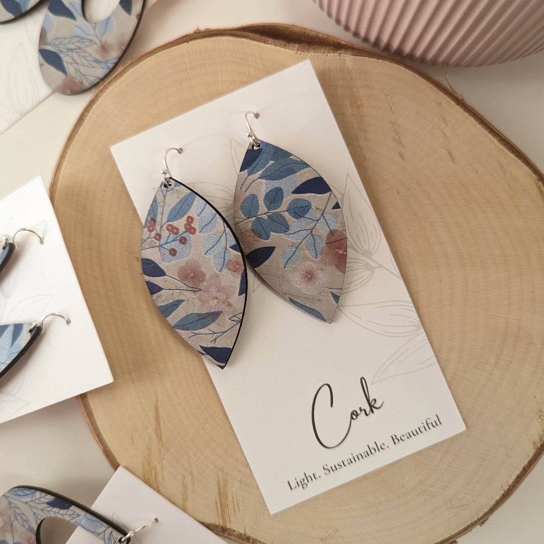 Blue Fall Leaves Cork Earrings, Leaf