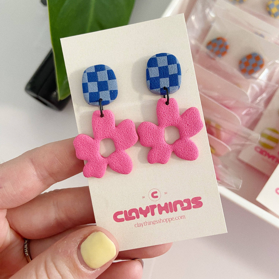 ClayThings Shoppe, Flower Checker Print, Clay Earrings