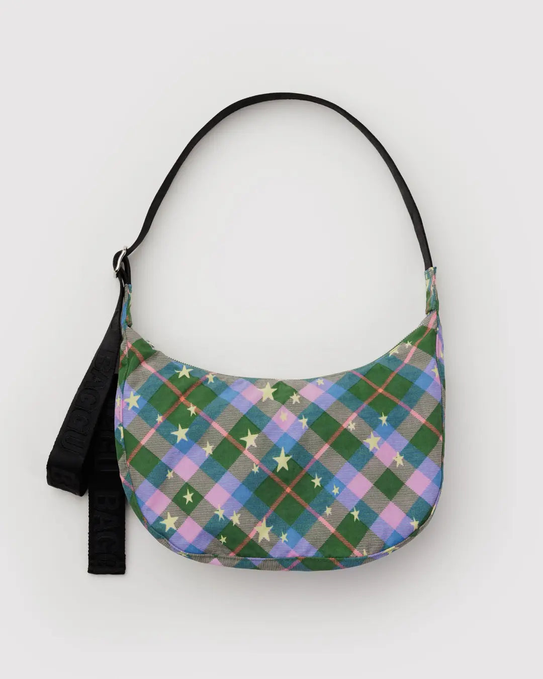 Baggu, Medium Nylon Crescent Bag, Green Star Plaid