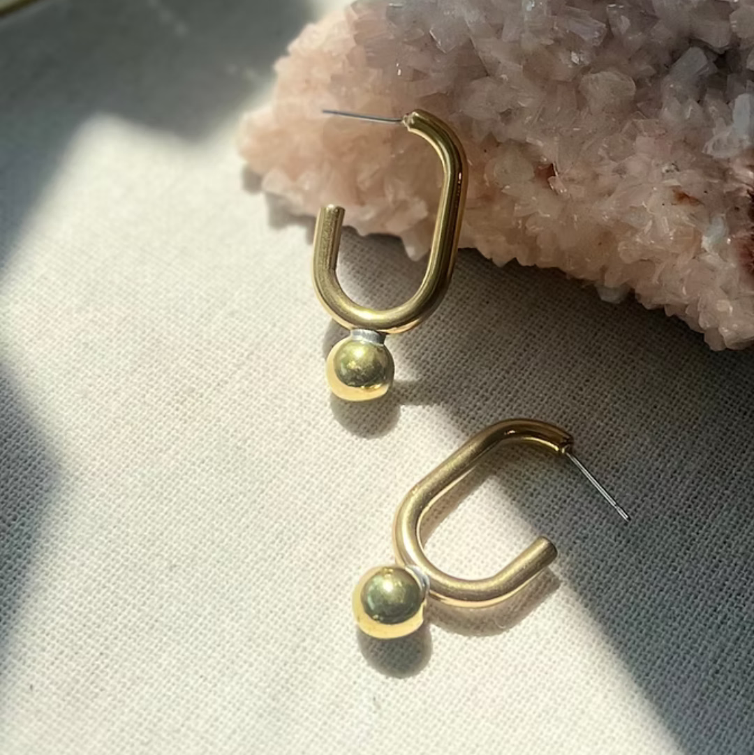 Frug, 14K Goldplate Rectangle Hoop with Ball Earrings, FEJ52