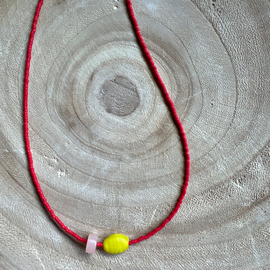 Modern Fable, Beaded Necklace, Red, Pink and Chartreuse #104
