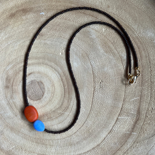 Modern Fable, Beaded Necklace, Brown, Blue and Orangey-Red #102