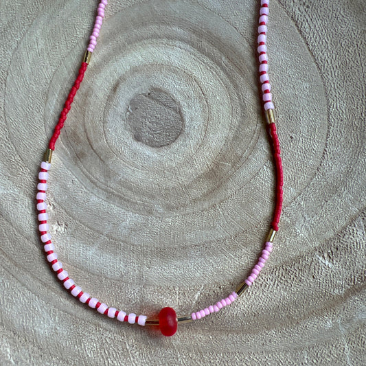 Modern Fable, Beaded Necklace, Pink and Red, with Small Red Bead #105