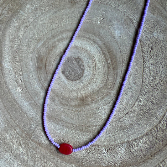 Modern Fable, Beaded Necklace, Lavender and Red #103