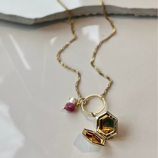 Frug, 14K Goldplate Hexagon Locket with Pearl and Tourmaline FNJ37