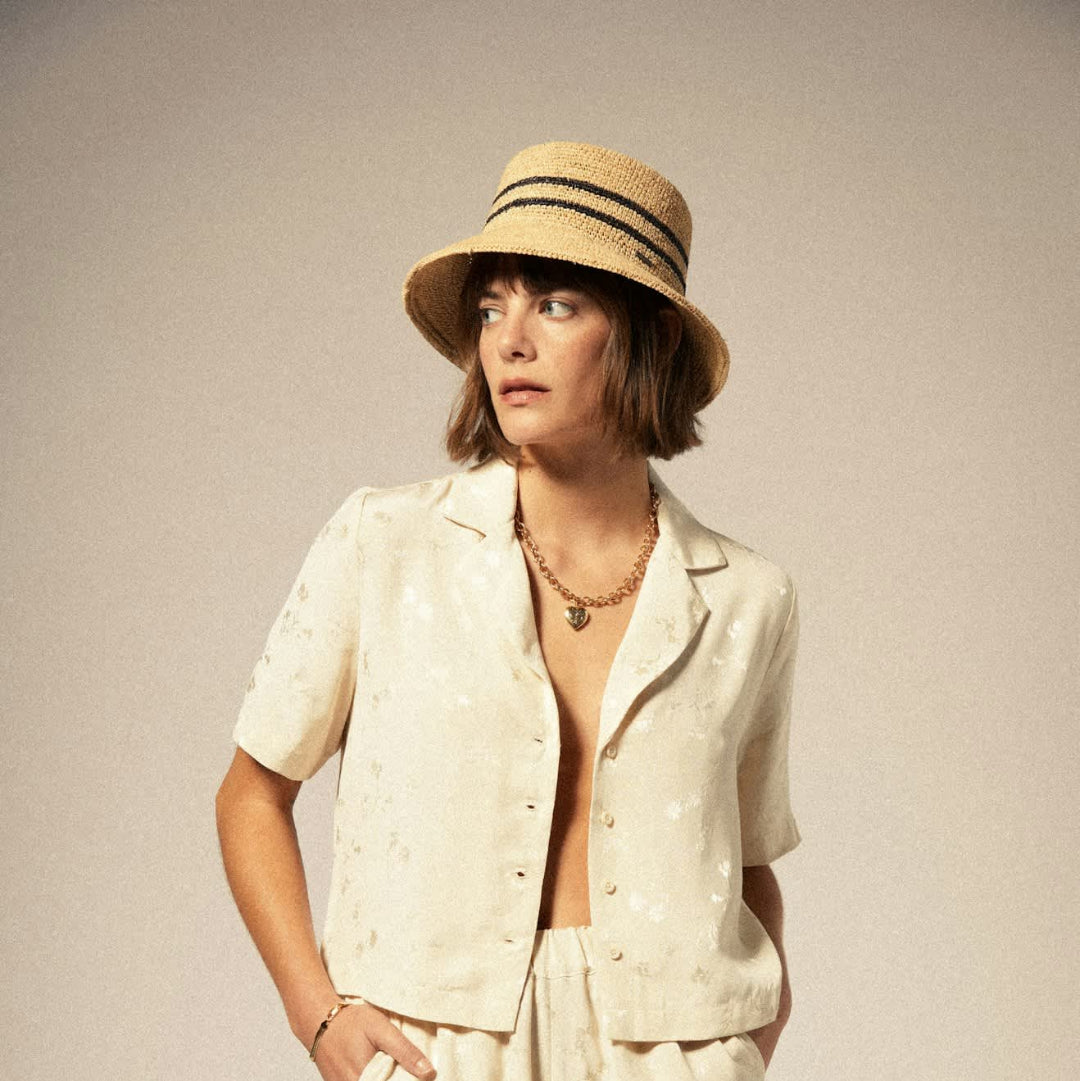 Brixton, Ellee Straw Bucket Hat, Tan/Black