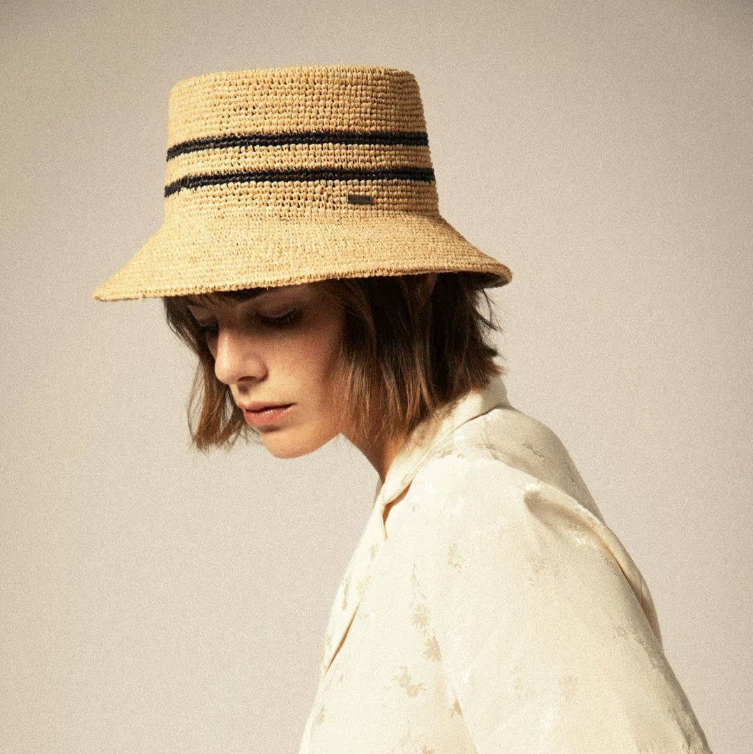 Brixton, Ellee Straw Bucket Hat, Tan/Black