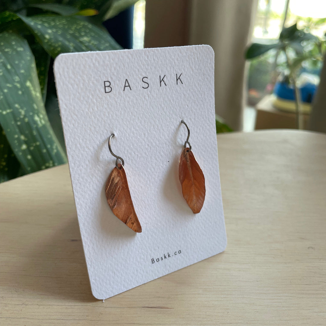 Baskk, Small Copper Leaf Earrings