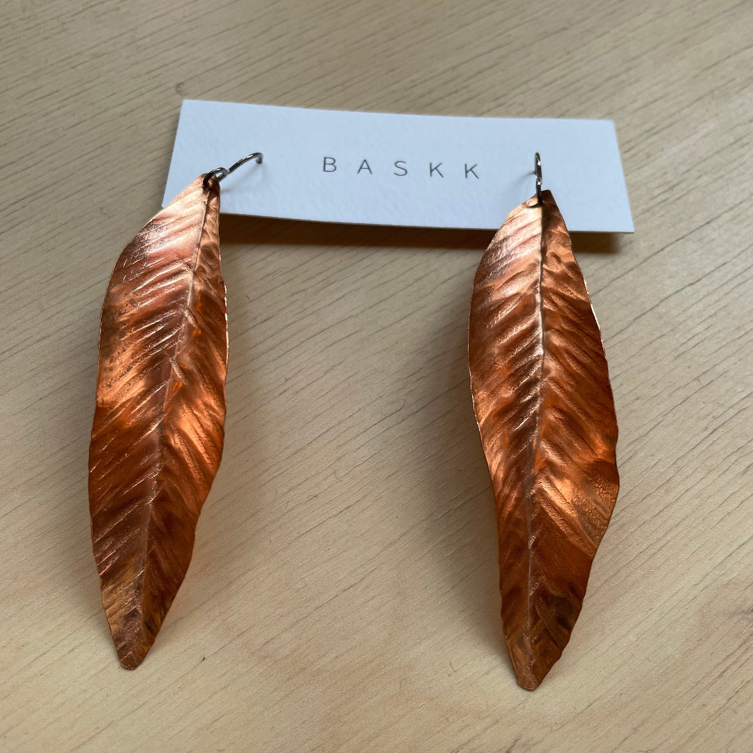 Baskk, Extra Large Copper Leaf Earrings