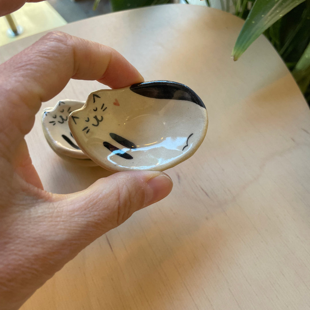 Tiny Handcrafted Ceramic Dish, Creamy Glazed Mini Catchall, Black and White
