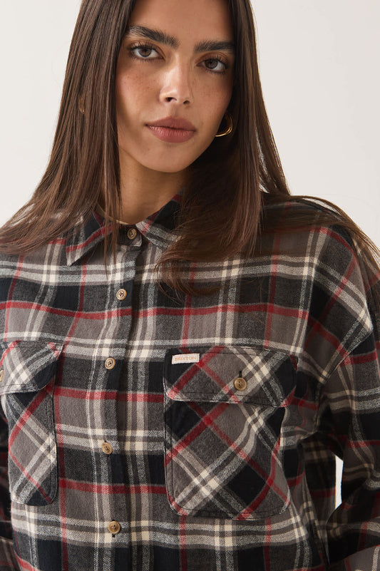 Brixton, Bowery Crop Women's Overshirt, Washed Black Plaid