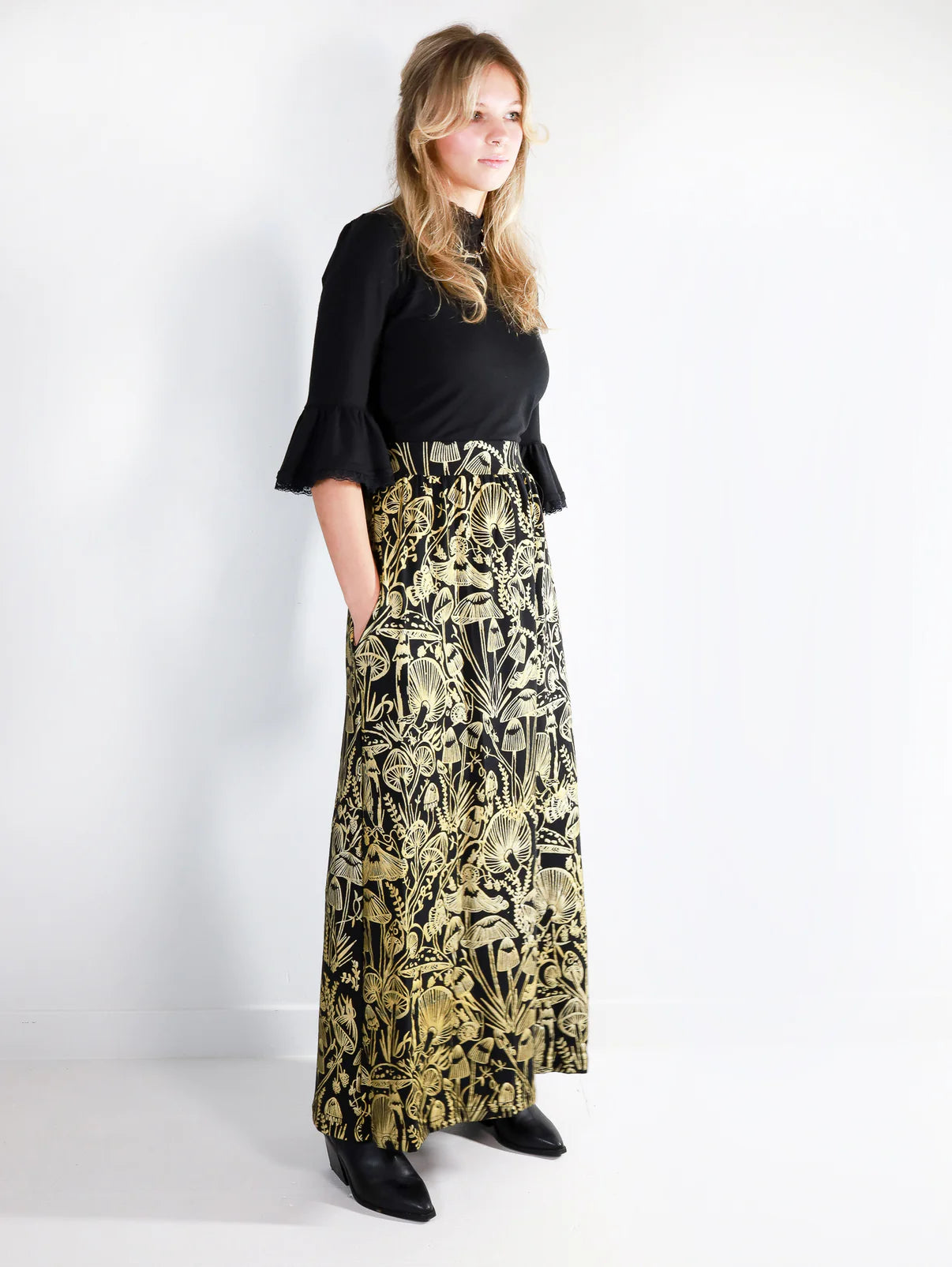 Gold on Black Shroomed Maxi Skirt