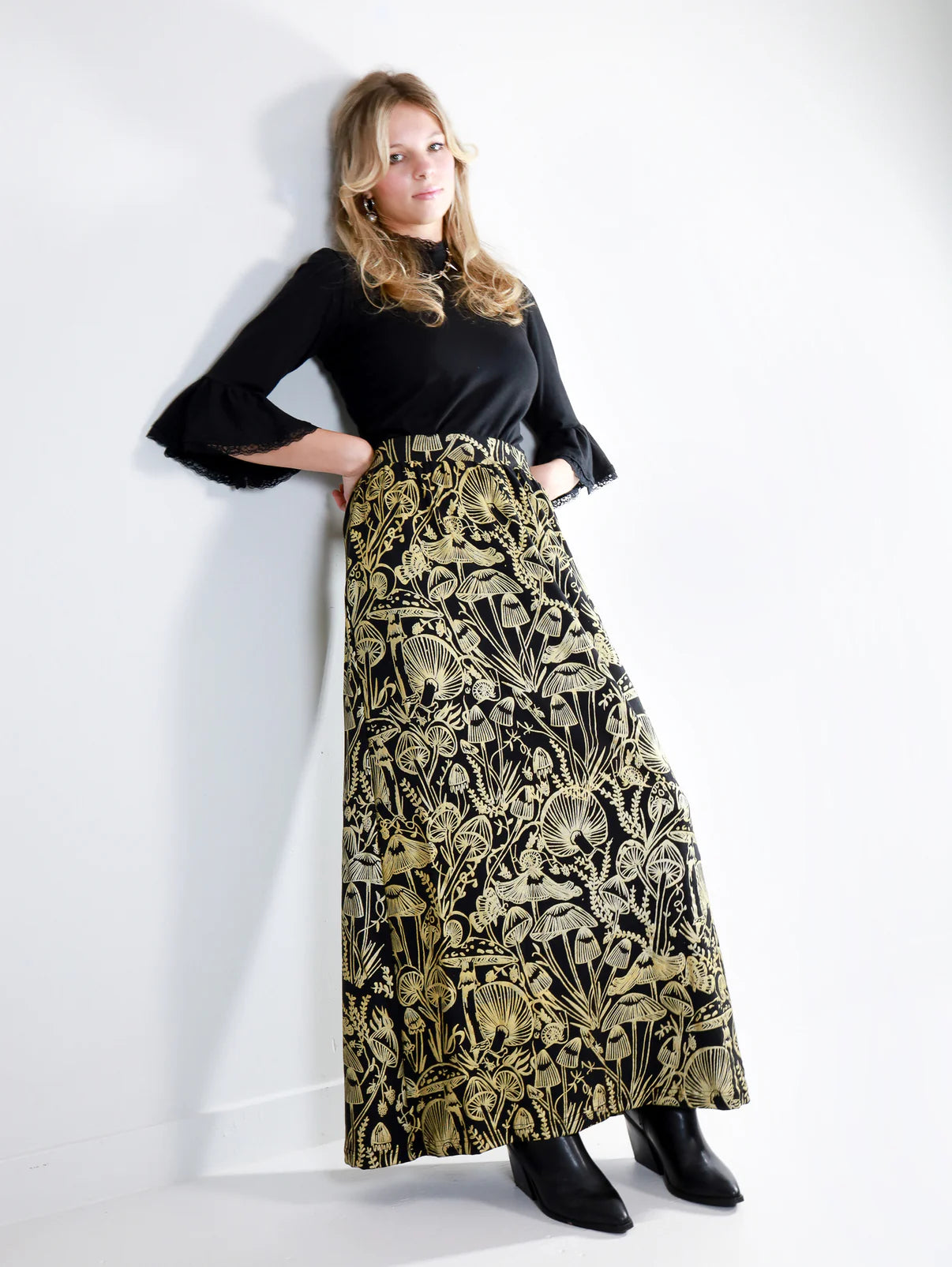 Gold on Black Shroomed Maxi Skirt