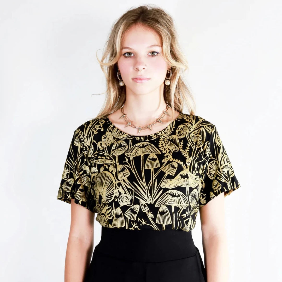 Gold on Black Shroomed Amie Tee