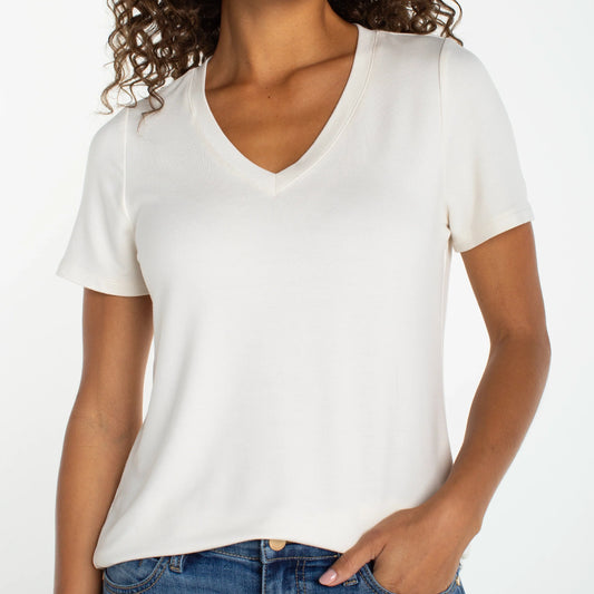 Liverpool, Short Sleeve V-Neck Knit Tee, French Cream
