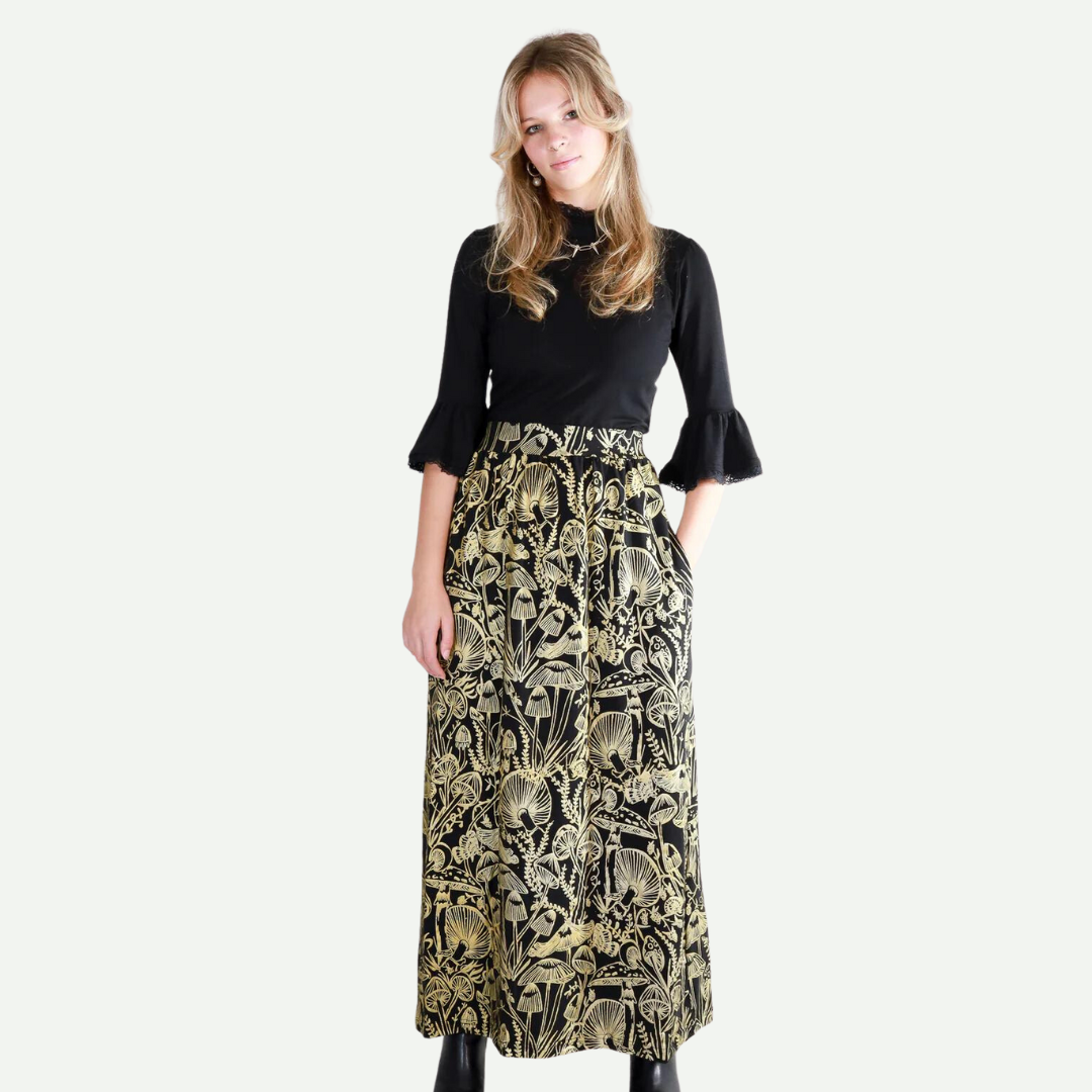 Gold on Black Shroomed Maxi Skirt