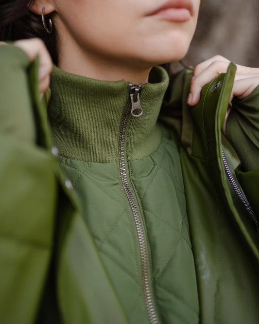 The Mernini Raincoat, Three Quarter, Chive Green