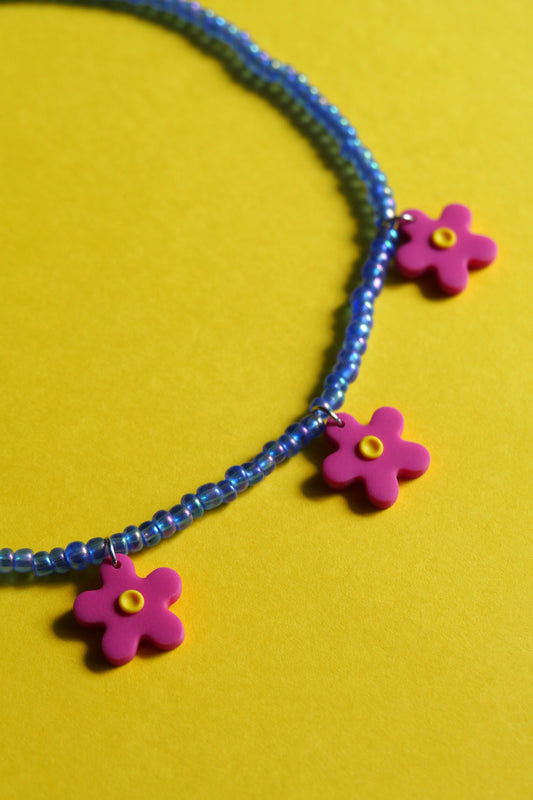 Polymer Clay Necklace, Blue and Pink