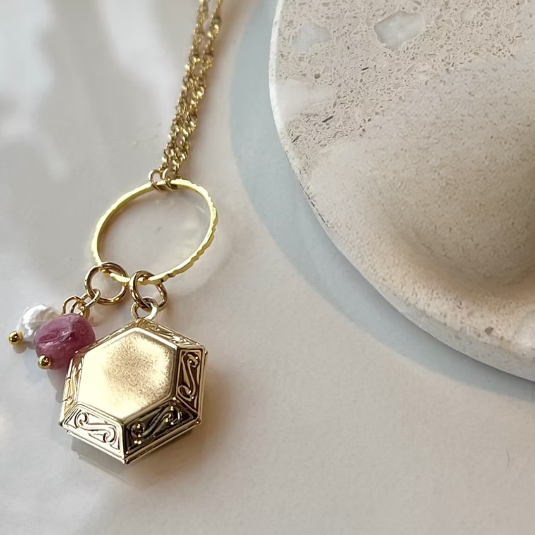 Frug, 14K Goldplate Hexagon Locket with Pearl and Tourmaline FNJ37