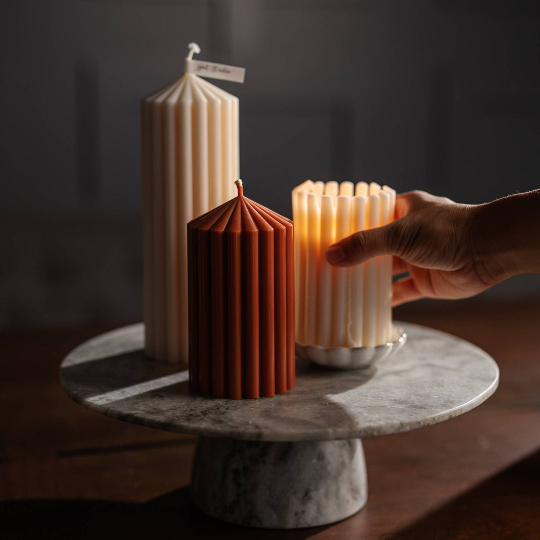 Long Lasting Ribbed Pillar Candles, Cream White, 13 cm