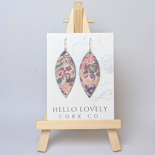 Hello Lovely Cork Co., Pink Pansies Cork Earrings, Small Leaf