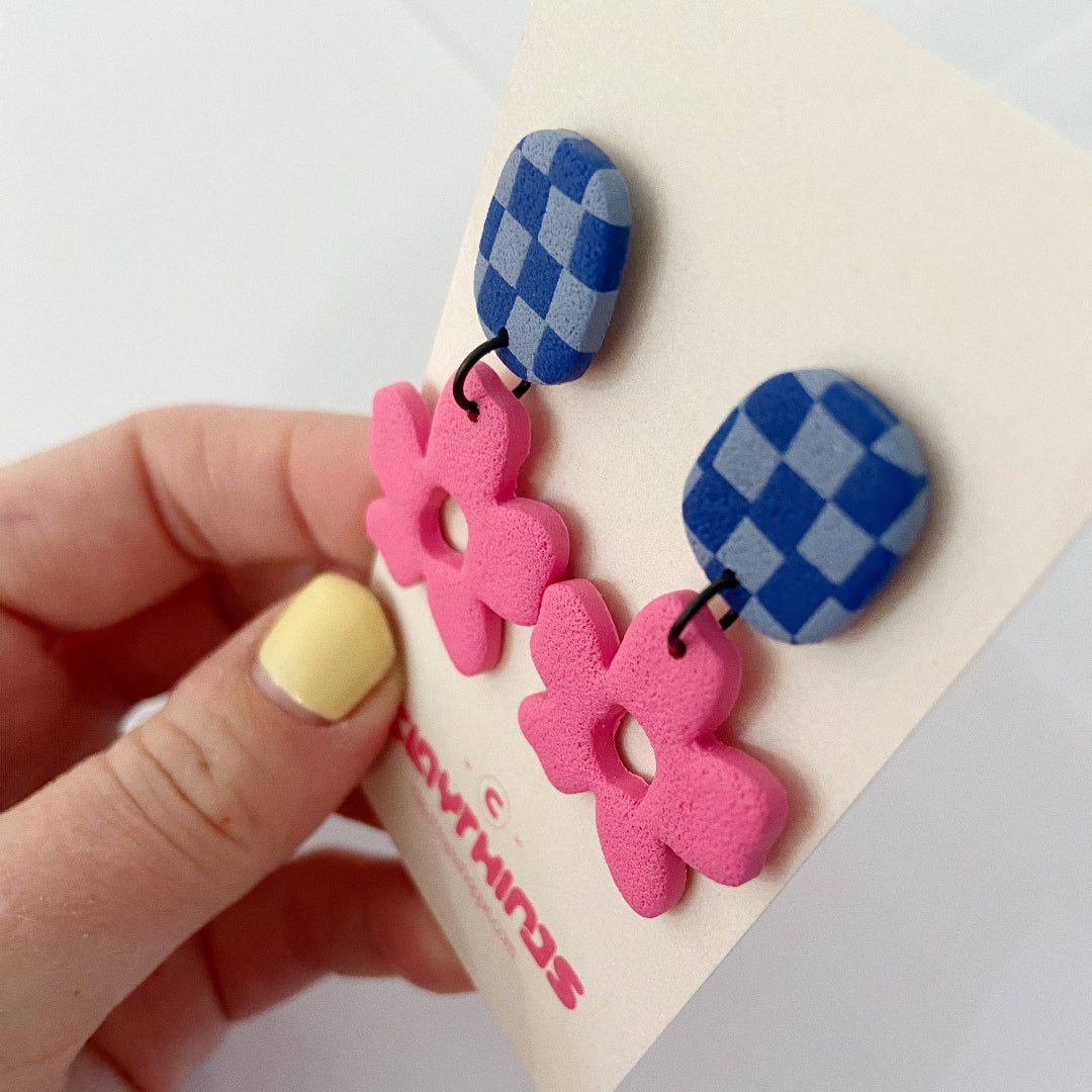 ClayThings Shoppe, Flower Checker Print, Clay Earrings